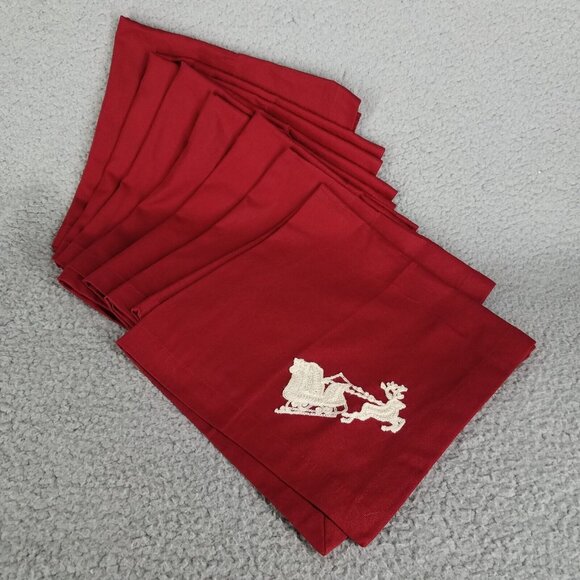 Pottery Barn Christmas Dinner Napkins Set Of 7 Embroidered Sleigh Reindeer 20x20